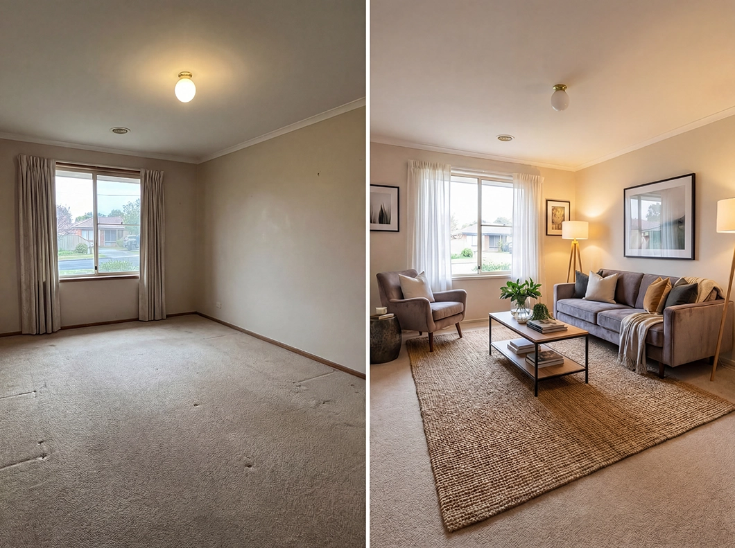 Before and after AI virtual staging — empty living room transformed into a beautifully furnished space